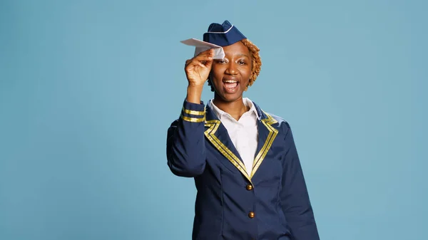 Cheerful Silly Stewardess Playing Paper Plane Having Fun Origami Small — Stock Photo, Image