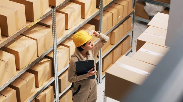 Vrouwelijke Werknemer Tellen Aantal Pakketten Depot Opslagruimte Het Controleren Van — Stockfoto