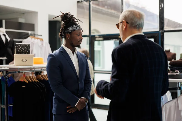 Stylish Client Discussing Clothes Fabric Store Manager Looking Buy Formal — Stock Photo, Image
