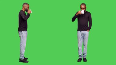 Genç adam yeşil ekran üzerinde kahve içiyor ve stüdyoda bir fincan kafein servisi yapıyor. Kendine güveni tam bir adam, kamerada içki keyfi yapıyor kot pantolon giyiyor, boş zaman aktivitesi yapıyor..