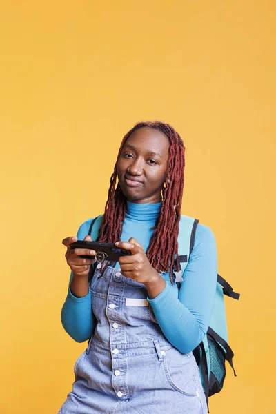 Disappointed Girl Losing Videogames Feeling Sad Playing Shooter Mobile Game — Stock Photo, Image