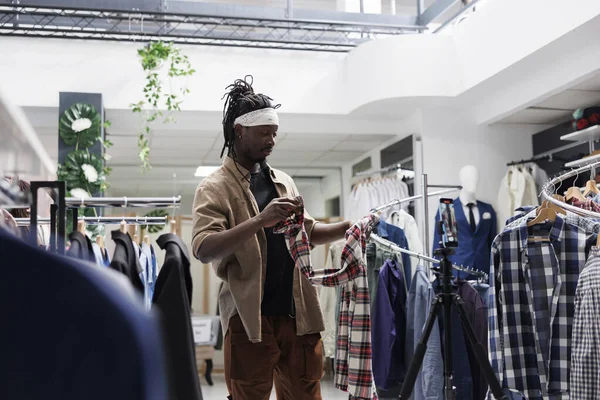 African American Influencer Speaking Clothing Brand Store While Recording Video — Stock Photo, Image