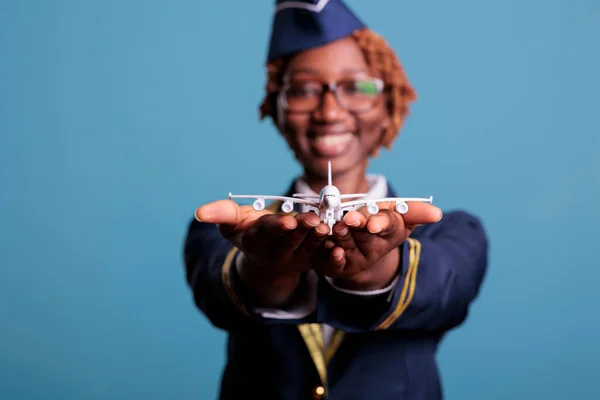 Funny Flight Attendant Uniform Landing Model Airplane Hands Playing Small — Stock Photo, Image