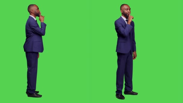 African American Worker Doing Hush Silence Gesture Keeping Secret Being — Stock Video