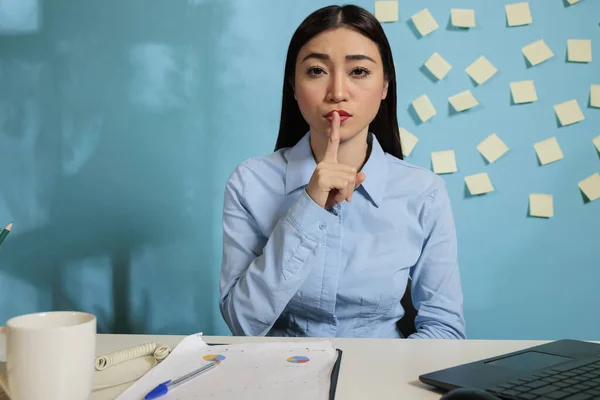 Professional Woman Making Gesture Silence Finger Mouth Keeping Confidential Secret — Stock Photo, Image