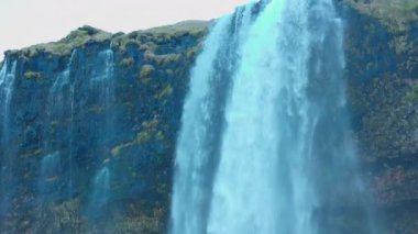 İzlanda 'da görkemli bir şelale. Kayalıklardan ve dağlardan suyla dökülen seljalandsfoss nehri taşar. Güzel İzlanda manzaraları ve manzarası, muhteşem doğa..