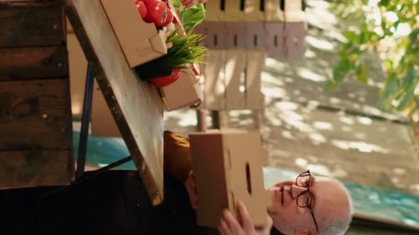 Κάθετη Βίντεο Γυναίκα Ευτυχής Πωλητής Βάζοντας Ετικέτες Τιμών Κουτιά Veggies — Αρχείο Βίντεο