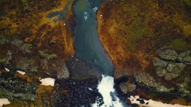 Drohnenaufnahme Des Nordischen Oxarafoss Wasserfalls Island Spektakuläre Arktische Landschaft Mit — Stockvideo