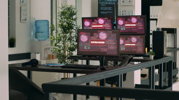 Office Multiple Monitors Showing Critical Error Message Flashing Screens Hacking — Stock Photo, Image