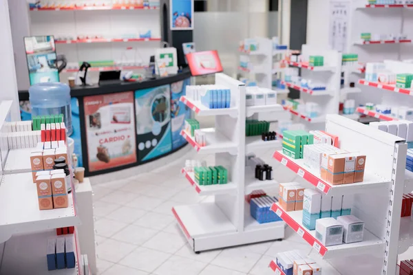 Пустая Аптека Которой Никого Оснащена Фармацевтическими Продуктами Медикаментами Витаминами Аптечный — стоковое фото