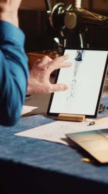Dikey video terzisi atölyedeki aletleri kullanarak çizimlerdeki öğeleri kontrol ederek el yapımı modern giyim markası oluşturuyor. Moda tasarımı için terzilik işinde deneyimli bir zanaatkar. El bilgisayarı