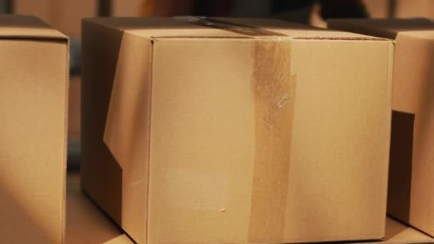 Работник Мужчина Организует Упаковки Депо Перевозит Товары Картонных Коробках Доставки — стоковое видео