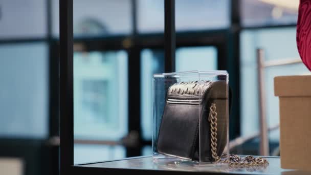 Selective Focus Trendy Black Bag Empty Modern Boutique Filled Multiple — Stock Video