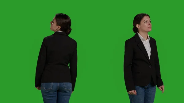 Close Optimistic Businesswoman Suit Standing Greenscreen Backdrop Waiting Studio Corporate — 스톡 사진