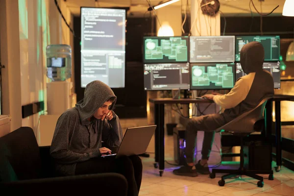 Two Hackers Working Computers Crack Encryption Late Night Working Phishing — Stock Photo, Image