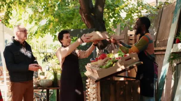 多様なベンダーのチームは 顧客に有機果物や野菜でいっぱいの箱を与え 地元の市場スタンドで自家栽培のバイオ製品を販売しています お客様をサポートするビジネスオーナー — ストック動画