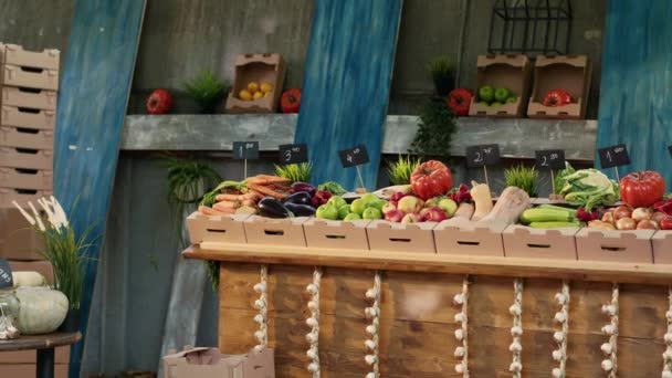 Doğal Organik Gıda Sağlıklı Beslenme Çiftçi Tezgahında Taze Yeşil Elmalar — Stok video