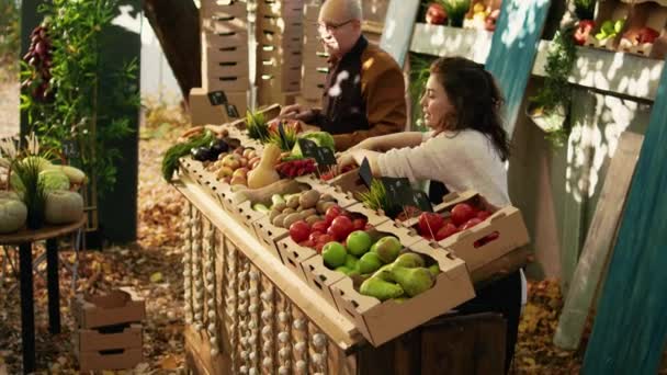 女性農家は 食品試食のために顧客に無料のリンゴサンプルを提供し 地元のグリーンマーケットでバイオ製品のサンプリングを楽しんでいます お客様 ビジネスオーナーに与える果物のスライスを切断女性 — ストック動画