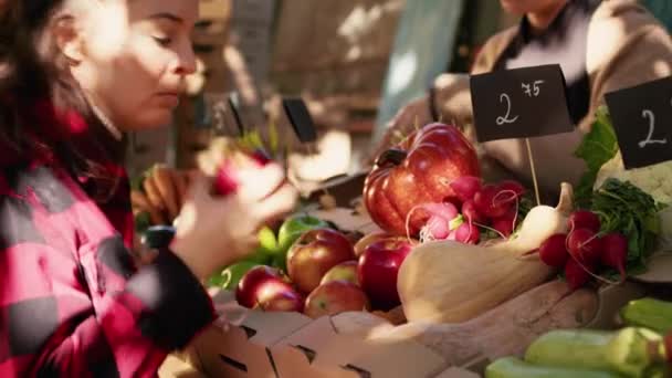 Žena Pracující Farmářském Trhu Pomáhá Zákazníkům Různými Ekologickými Ovoci Zeleninou — Stock video