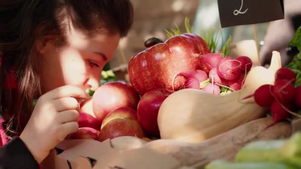 年轻客户从当地农民那里挑选色彩艳丽的苹果 在绿色市场柜台上看健康的产品 女客户参观农贸市场 有机农产品 手持射击 — 图库视频影像