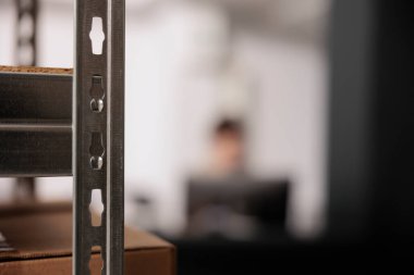 Karton kutularla dolu depo raflarının seçmeli odak noktası, resepsiyonda çalışan arka plan yöneticisi, müşterilerin online siparişlerini kontrol ediyor. Depo işçisi paketleri teslimat için hazırlıyor