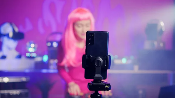 Artist Performing Techno Song Recording Music Video Smartphone Camera Interacting — Foto de Stock