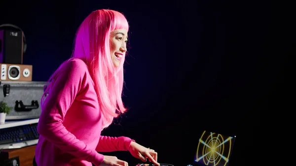 Musician Pink Hair Mixing Mastering Techno Sound Using Professional Mixer — Photo
