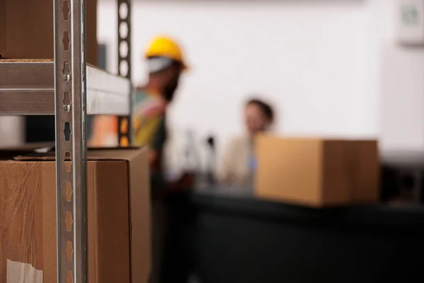 Selective Focus Employees Looking Cardboard Box Inventory Preparing Packages Clients — Stock Photo, Image