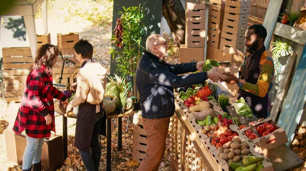 Üst Düzey Tüketici Çiftçi Pazarından Renkli Yerel Sebze Meyve Alıyor — Stok fotoğraf