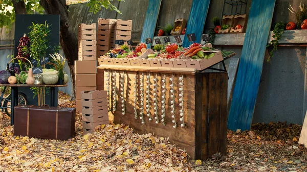 Gesundes Lokal Angebautes Obst Und Gemüse Stand Des Bauernmarktes Leerer — Stockfoto