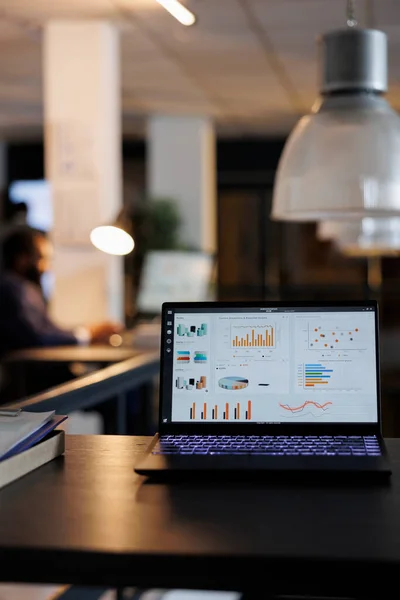 スタートアップオフィスの机の上に立って 画面上の会社の投資利益の進歩を持つノートパソコン バックグラウンドの従業員がマーケティング統計を分析し 戦略を入力します 事業概念 — ストック写真