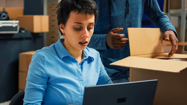Diverse Team People Putting Goods Cartonboxes Checking Quality Shipping Order — Stock Photo, Image