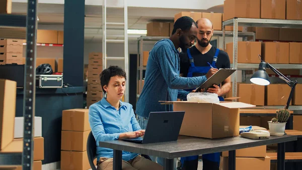 Diverse Startup Partners Doing Quality Control Shipping Goods Order Packing — Stock Photo, Image