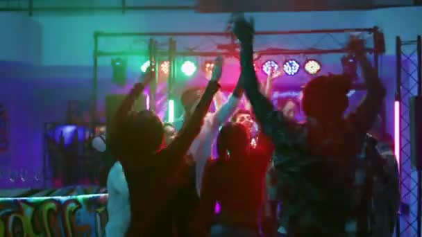 Young Men Women Jumping Event Feeling Joyful Partying Funky Music — Stock Video