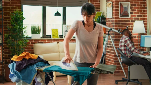 Aggressive Adult Ironing Blouse Getting Angry Husband Wife Needing Help — Fotografia de Stock
