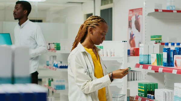 Female Customer Analyzing Medical Products Retail Store Looking Pharmaceutics Healthcare — Stock Photo, Image