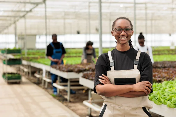 快乐快乐快乐的非洲裔美国农场经理带领园艺小组种植当地无农药粮食作物 生物温室中的可持续生态友好型农业 — 图库照片
