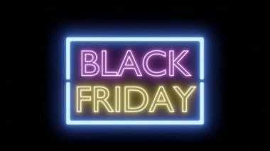 Kara Cuma Neon logo tasarımı. Kârlı satışlar ve promosyonlar için ışıkları olan modern bir sembol. Alışveriş için özel indirim, perakende satış mağazası tabelası. 3d canlandırma canlandırması.