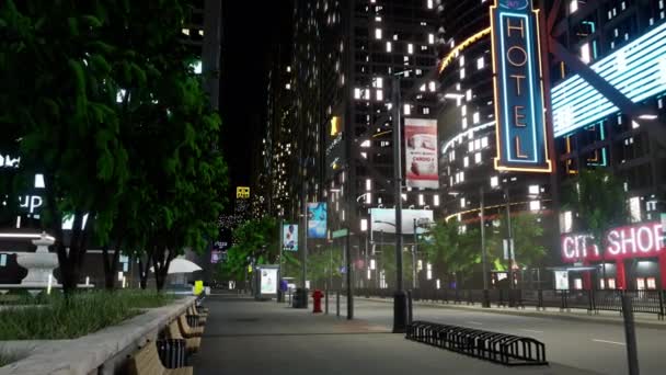 都市大都市 商业区有高楼和多盏灯 城市街道上有汽车和摩天大楼 有车辆的虚拟城镇 现代建筑 3D渲染动画 — 图库视频影像