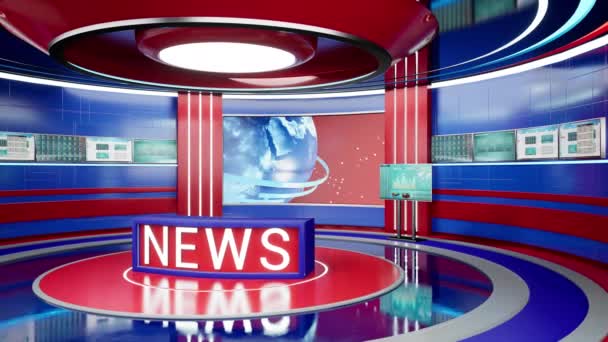 カウンターとステージで設定されたニュースは 速報ニュース 国際的なテレビスタジオを放送するために使用されます エンターテイメントチャンネル 映画デザインのための世界のニュースルーム 3Dレンダリングアニメーション — ストック動画
