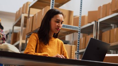 PC 'ye sipariş teslimatı yapmayı planlayan kadın girişimciler paket göndermeden önce ürünlerin lojistiğini analiz ediyorlar. Envanter ve küçük işletme planı için dizüstü bilgisayarla çalışan genç bir kadın. El kamerasıyla..