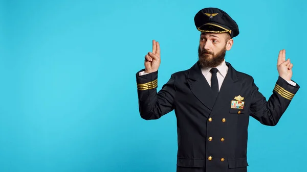 Caucasian Male Pilot Doing Landing Signals Airplanes Helping Other Aviators — Stockfoto