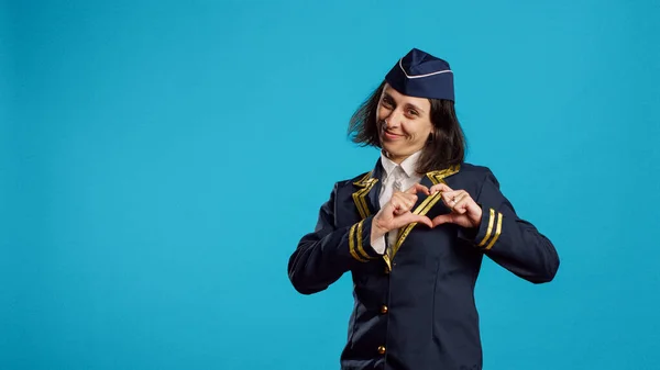 Positive Stewardess Showing Heart Shape Sign Hands Expressing Romantic Feelings — Photo
