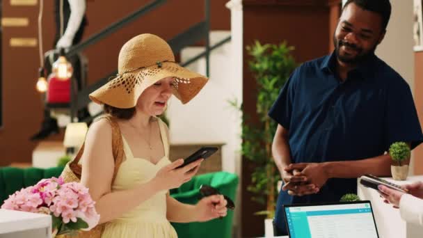 Guests Doing Mobile Nfc Payment Pos Terminal Lobby Using Smartphone — Stock Video