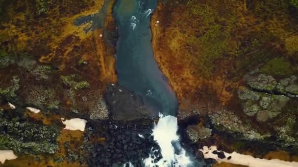 Drone Sho Cascada Oxarafoss Cascada Enorme Icelandic Majestuosa Que Fluye — Vídeo de stock