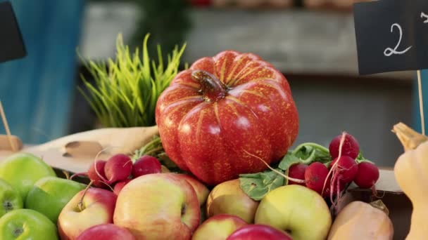 Kleurrijke Groenten Fruit Geplaatst Teller Van Landbouwmarkt Lokaal Geteelde Producten — Stockvideo