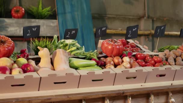 Krabice Naplněné Ekologickým Ovocem Zeleninou Umístěné Stánku Čerstvé Přírodní Zemědělské — Stock video