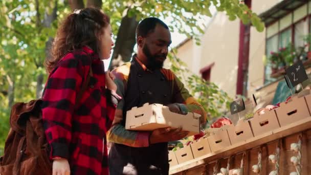 판매자는 유기농 제품을 야채를 상자에 도왔습니다 농산물 거래소에서 바이오 농산물을 — 비디오