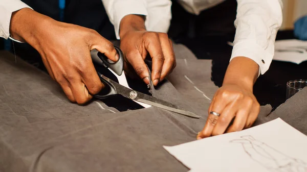 Team Tailors Cutting Material Preparing Fabric Custom Made Clothing Line — Stock Photo, Image