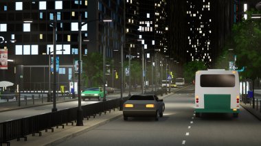 Metropolis caddelerinde, iş merkezindeki gökdelenlerin yanında giden arabalar, yüksek ofis binaları ve araçlar. Geceleri kocaman kuleler ve otomobiller. 3d canlandırma canlandırması.